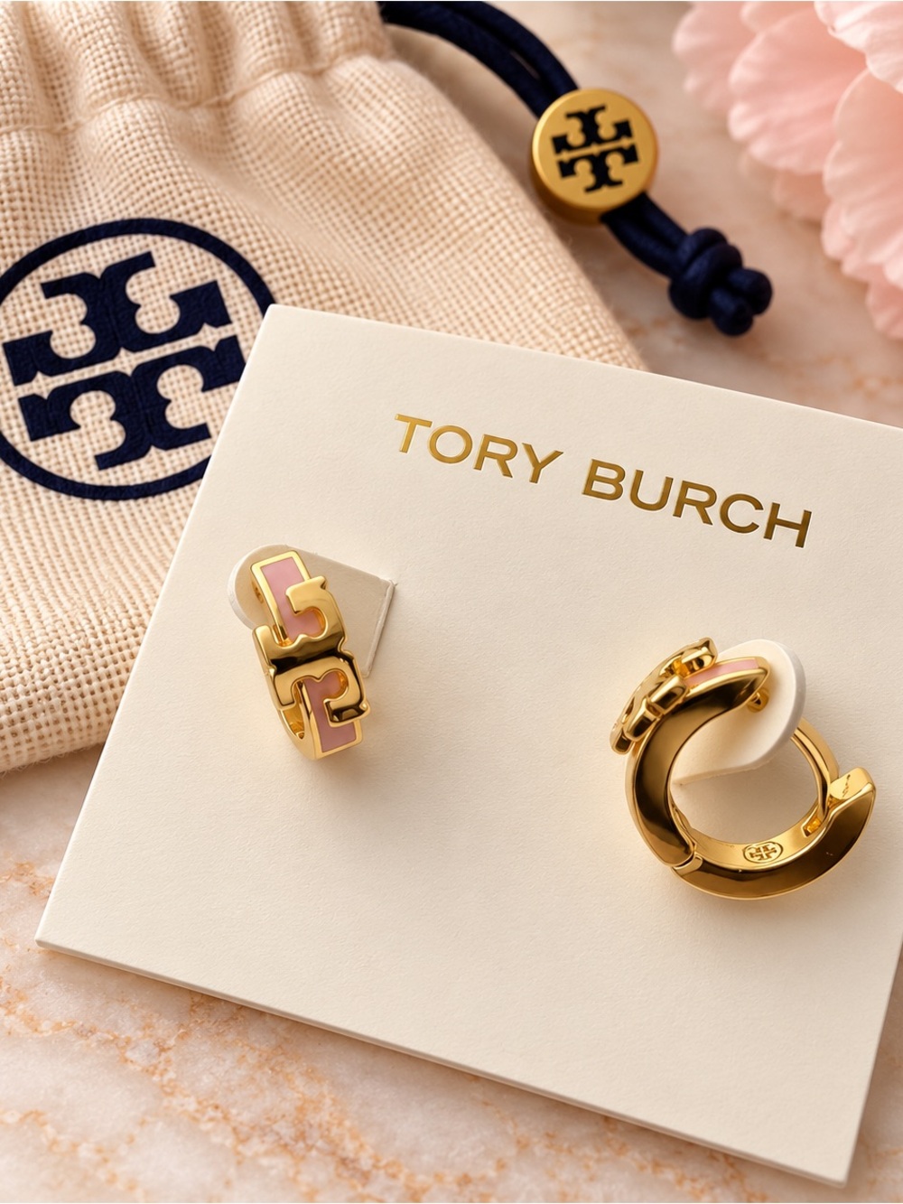 Tory Burch Gold and Pink Enamel Logo Huggie Earrings